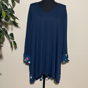 Navy Blue Tunic with Lace-Up Back and Floral Accents